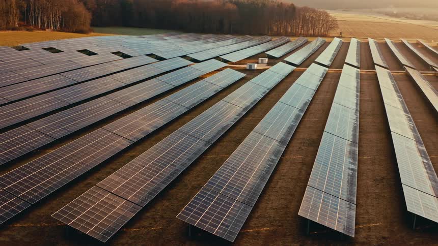 Solar panels aligned on flat field at sunset in rural area