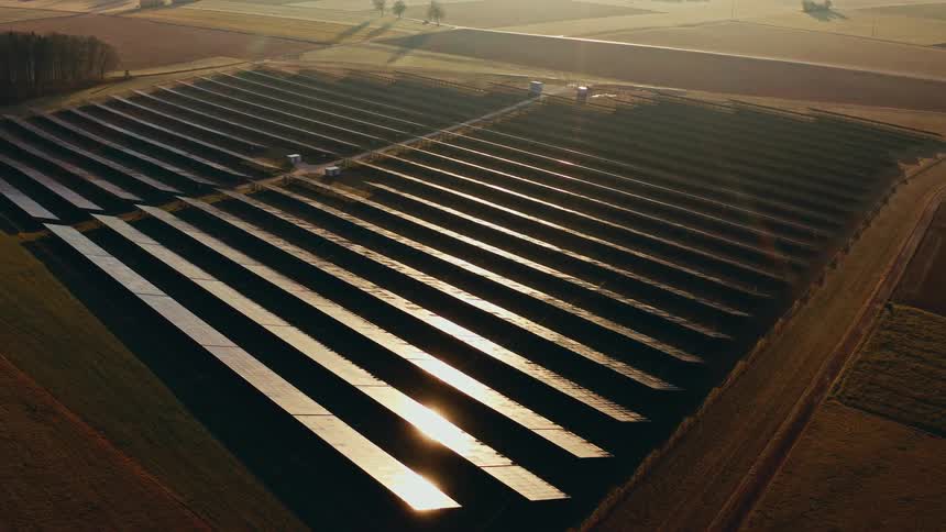A high view of a solar farm with long rows of dark panels in a field under a hazy morning sky as sunlight reflects off the surfaces
