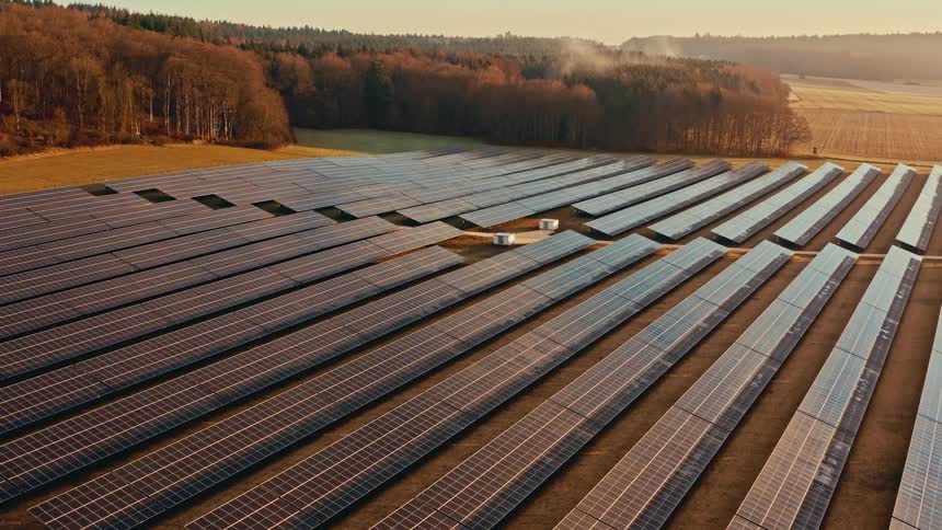 Sunlight shines on solar panels lined up across the ground