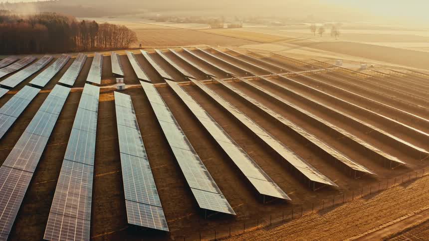 A wide field covered with solar panels on a sunny day each panel reflecting bright light as they stretch across the open landscape