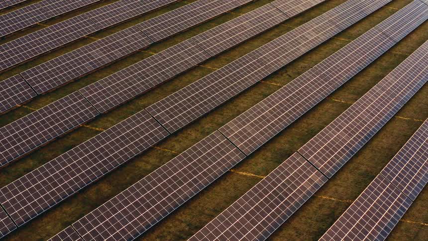 An aerial view of a solar field