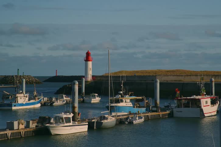 Docked boats rest in calm marina with red and white lighthouse in the distance