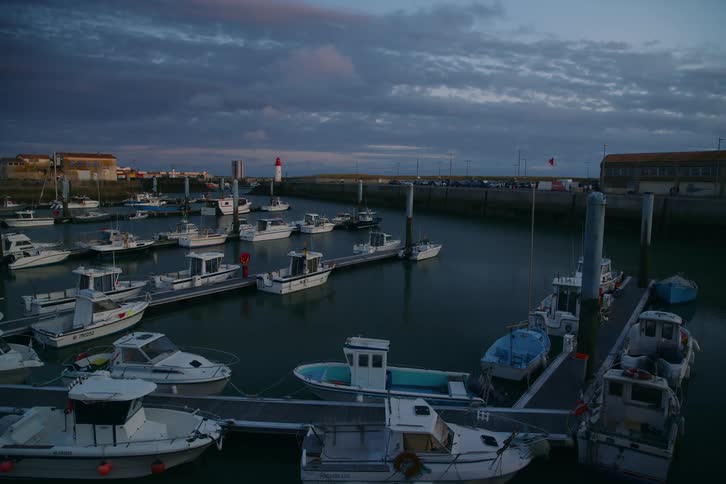 A quiet harbor sits at twilight filled with small fishing boats and pleasure craft moored to floating docks under a darkening sky with purpletinged clouds a small redandwhite lighthouse stands watch at the end of the stone pier