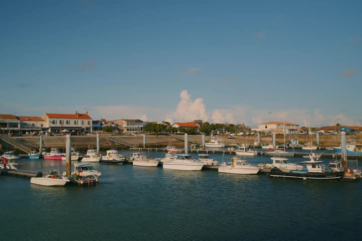 A distant view shows numerous small motorboats and sailboats docked at a pier in a quiet harbor lined with lightcolored buildings under a clear blue sky