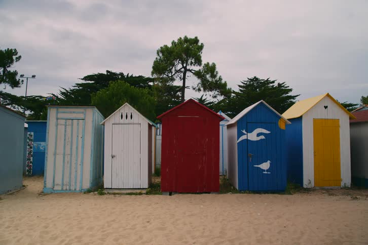 Colorful beach huts line the sandy shore with tall trees rising in the background and adding a natural backdrop to the vibrant beachfront