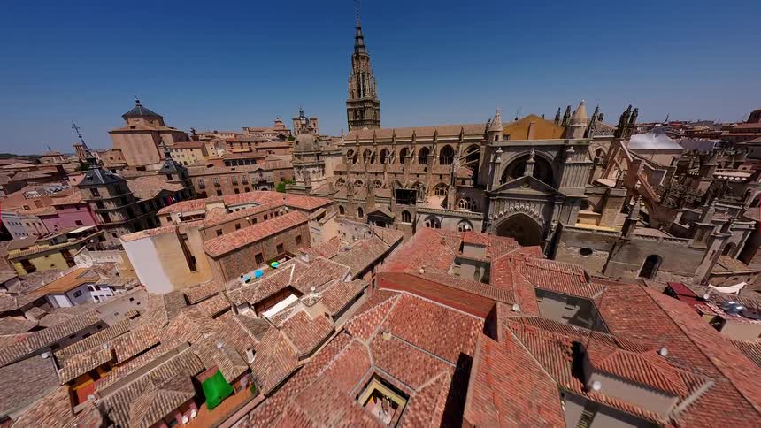 The camera is moving throughout the city from a birds eye view