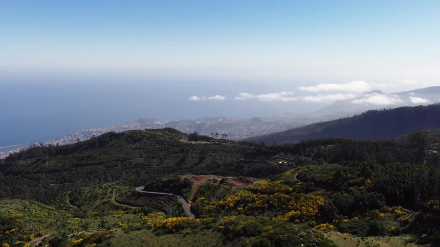 A highway cutting through a hillside in the countryside surrounded by lush green vegetation