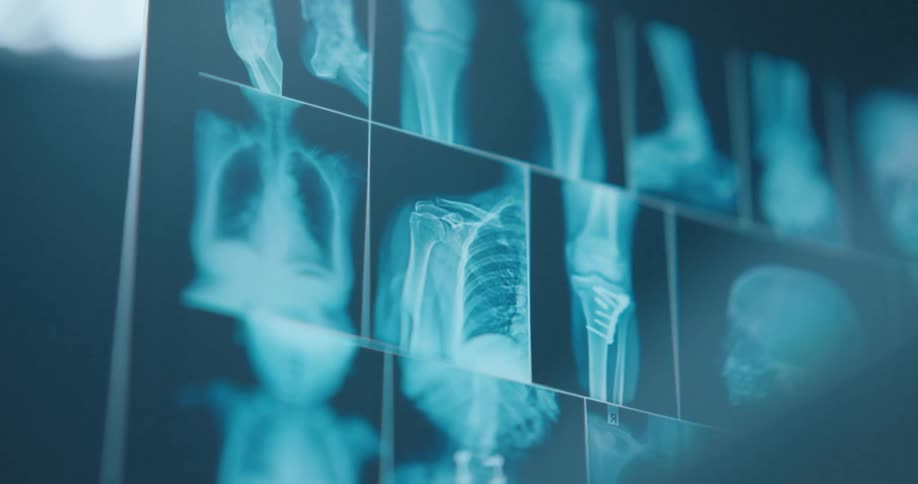 A series of illuminated blue xray films showing various parts of the human skeletal system including the skull chest knees and feet are displayed in a grid pattern as the camera pans slowly across the medical diagnostic images