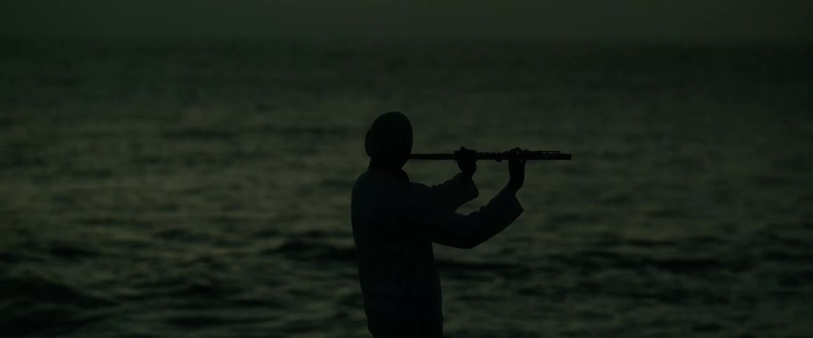 Silhouette of a person playing a transverse flute by the sea in low light