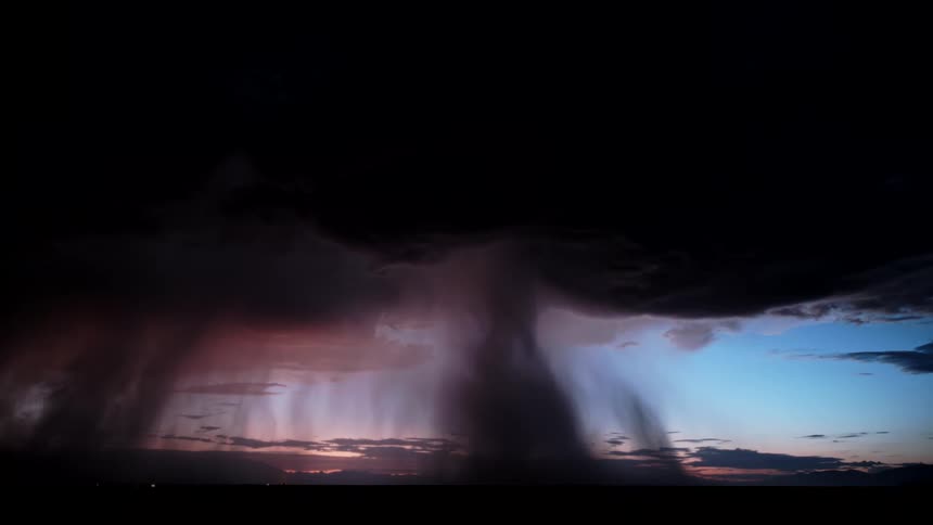Thunderstorm with lightning and tornadoes on the sky over a field outdoors during dusk or dawn