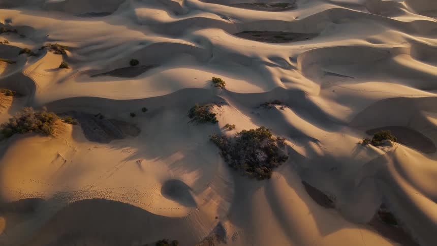 Aerial view of vast sand dunes with undulating patterns and textures during the golden hour