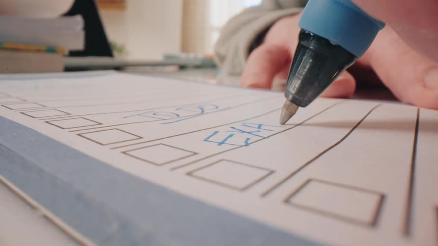 A person is using a blue pen to write on a document that appears to be a form or a test
