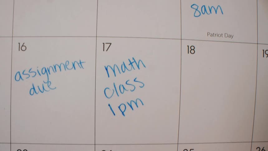 Two prominent blue lines are drawn diagonally beneath the word exam in the calendar box for the 24th these lines serve as an underline for the word and are oriented at an upward angle toward the right the first line is drawn quickly across the bottom of