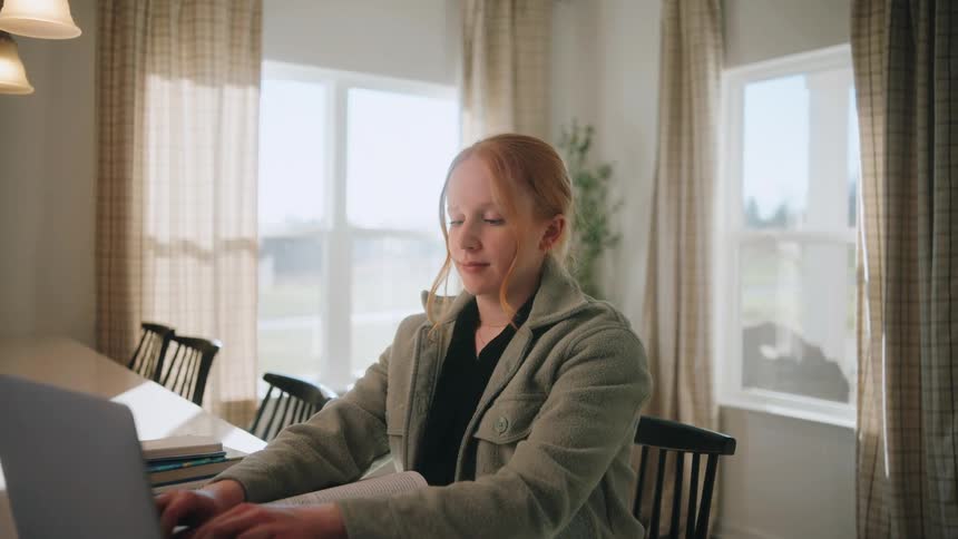 A young woman with reddish hair is sitting at a white counter in a brightly lit room while working on a laptop as she types the camera slowly zooms in on her capturing her focused expression in the calm domestic setting