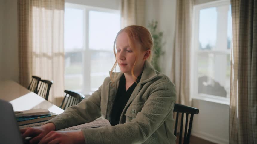 A woman sits at a table using a laptop in a sunlit room with large windows