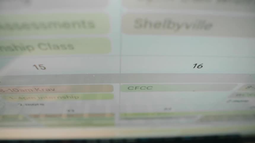 A digital work calendar shows scheduled client tasks and logged hours with dates and time blocks faintly visible