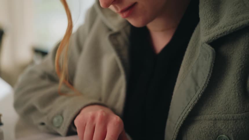 Woman points to a passage in an open book while holding a pen during reading