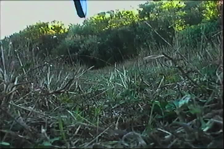 Person rides along trail through low vegetation in natural setting