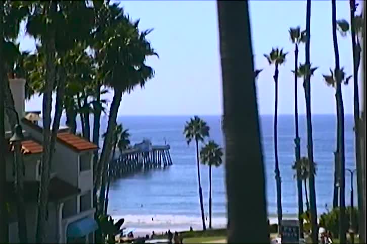 A coastal town with a street lined with palm trees cars parked along the roadside and an ocean view in the distance