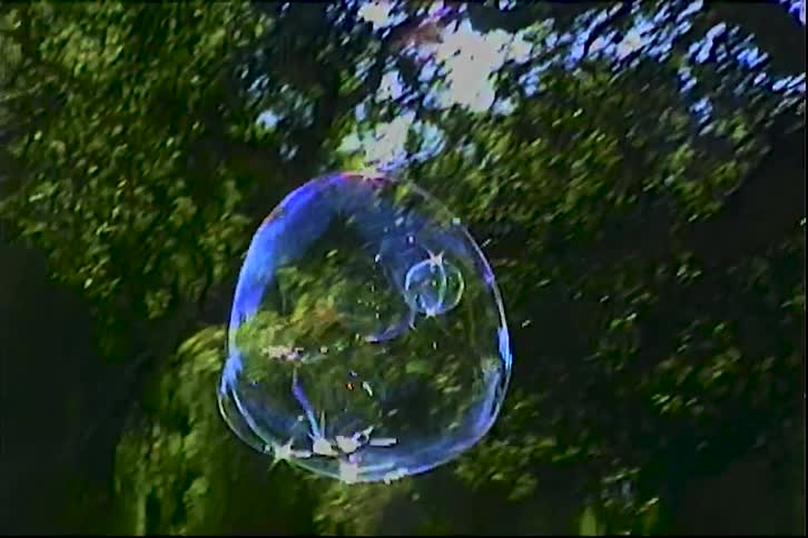 Soap bubble floats outdoors reflecting sunlight against green trees