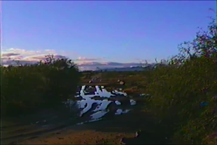 Dirt trail with water puddles cuts through low vegetation under a blue sky at dusk
