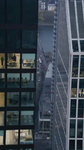 Cars drive through a city