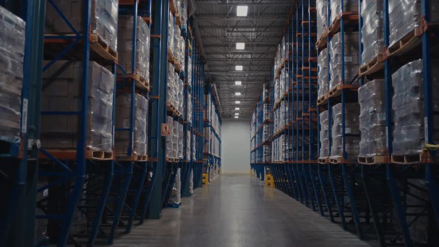 A long symmetrical warehouse aisle stretches into the distance lined with tall blue metal racks stacked with shrinkwrapped pallets under bright industrial lighting emphasizing scale order and efficiency