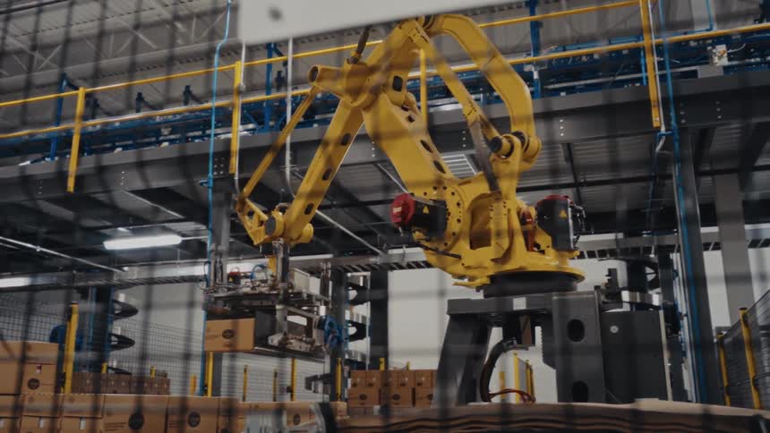 Machinery operating a box inside a factory