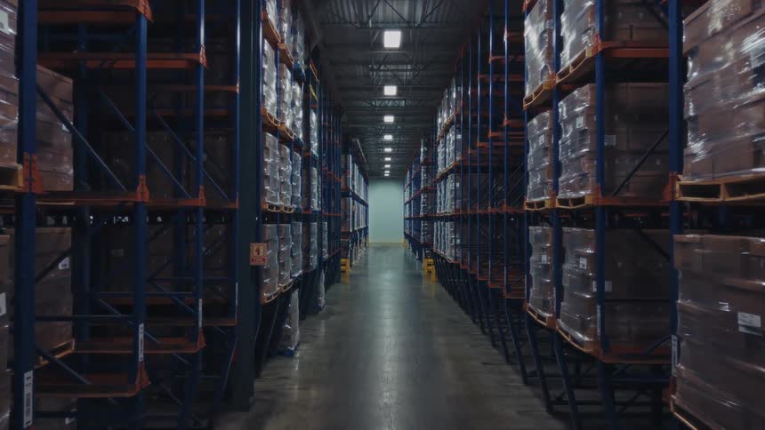 Industrial warehouse aisle with tall shelving filled with palletized boxes and a forklift positioned at the center