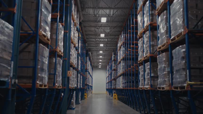 A central aisle runs through a warehouse with tall racks of stacked goods under bright lighting