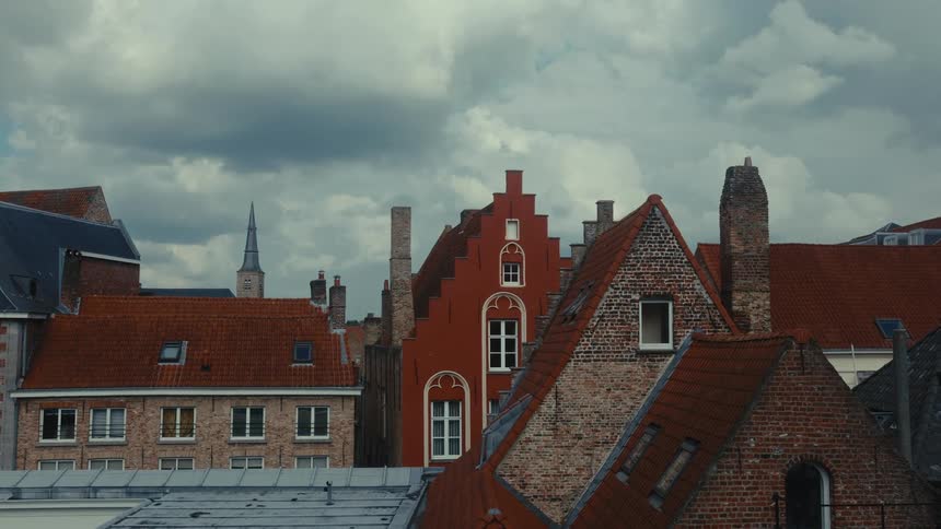 Historic european rooftops with brick facades and a cloudy sky in the background