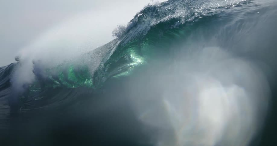 A powerful ocean wave rises and curls with translucent greenblue depth its textured surface catching the light as it swells just before breaking
