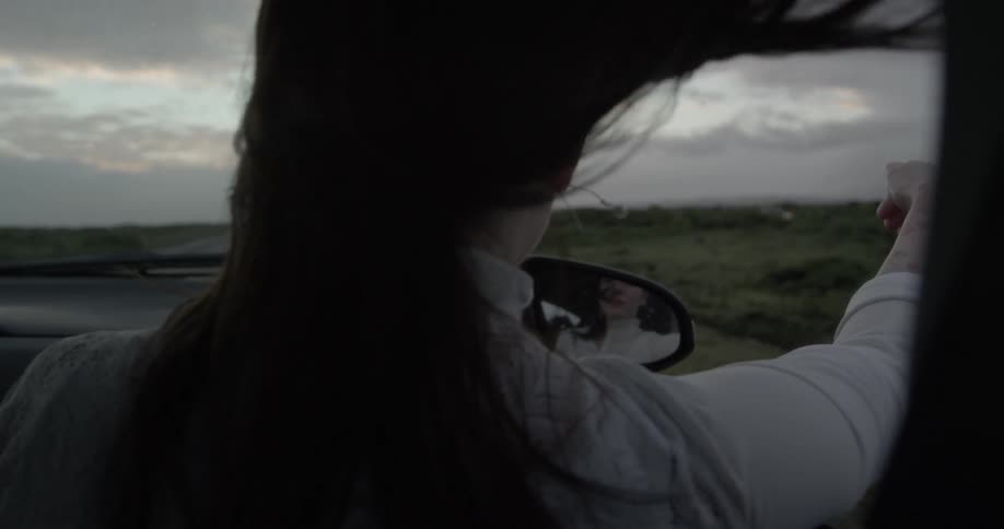 A woman hangs out the window of a moving car