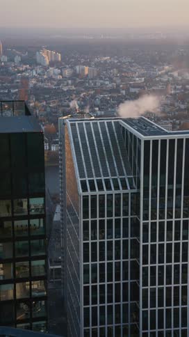 Smoke rises from urban buildings on a foggy day