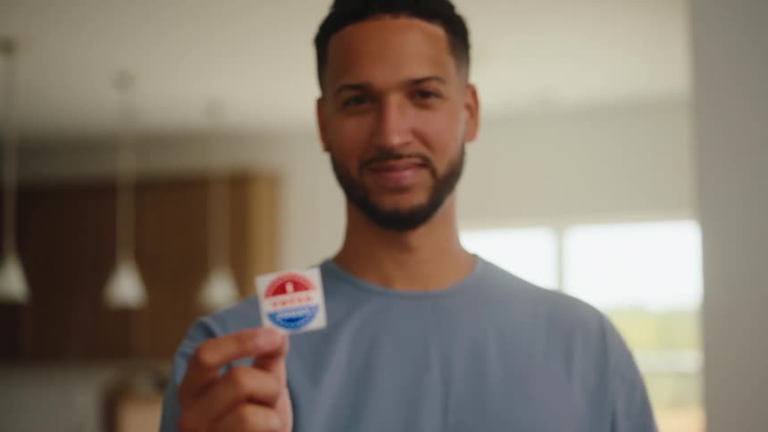 A man smiling and holding a voting sticker