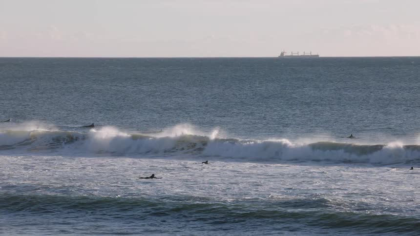 Small waves roll gently toward a shoreline where several surfers are scattered throughout the watera large cargo ship is visible on the distant horizon under a clear and bright sky