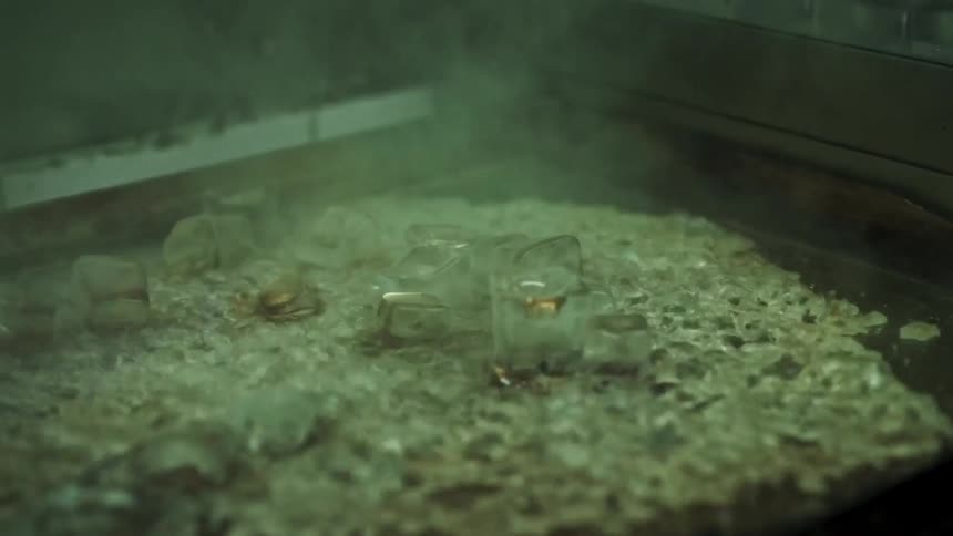 A person pours a bowl of ice cubes onto a hot grill to clean it