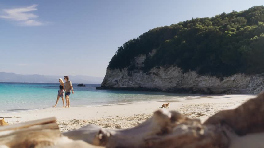 A couple with a dog nearby strolls barefoot along a quiet whitesand beach beside clear turquoise water with a forested rocky headland rising under a bright clouddotted sky