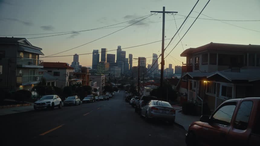 Multiple cars are parked on a residential street outside a metropolis at dusk