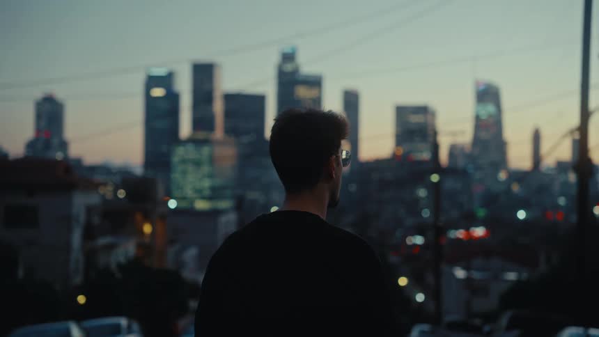 Man standing on a balcony looking at downtown buildings and watching the traffic