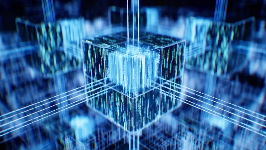 Glowing blue digital cubes with flowing data lines connect to each other in a dark three dimensional space creating a complex technological network