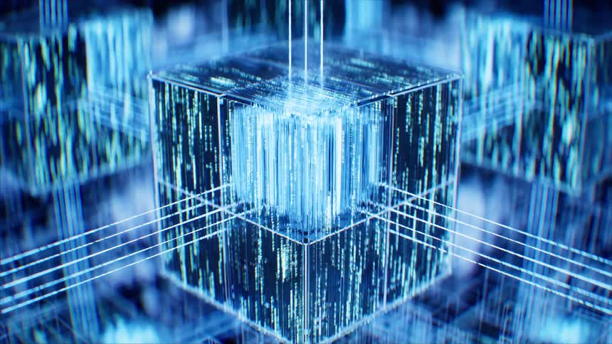 A central glass cube pulsating with blue digital code connects to a surrounding network of glowing data streams and translucent processors in a dark hightech virtual environment
