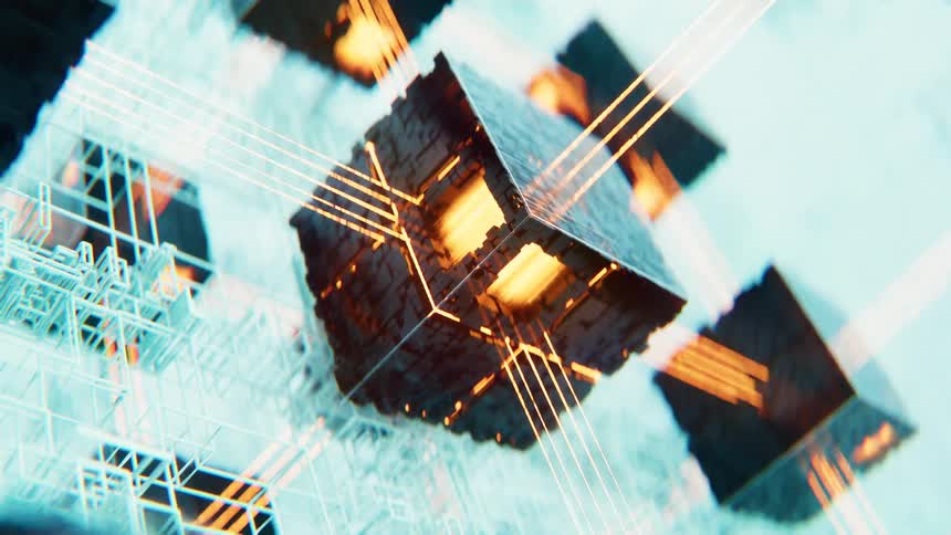 Dark textured cubes with glowing orange centers connect to each other through bright orange light lines within a complex white geometric structure