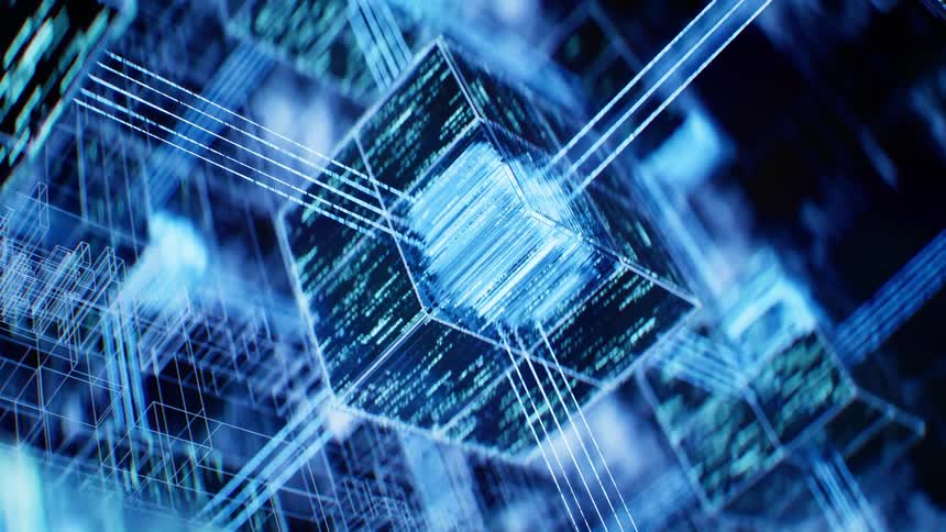 A glowing blue digital cube etched with data rotates at the center of a vast information network as beams of light pulse through the darkness