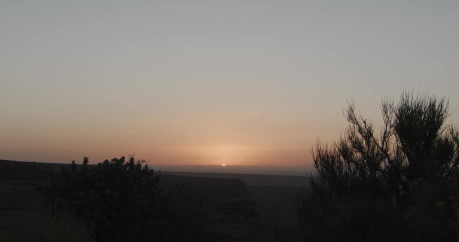 A dramatic sunset sinks over a vast desert canyon silhouetting shrubs against the glowing sky