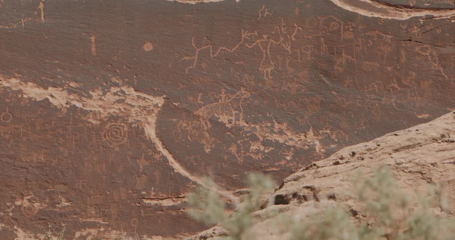 Rock carvings visible on a rock wall with low surrounding vegetation