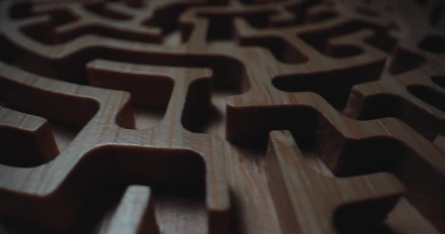 Wooden maze with curved channels and carved relief surfaces