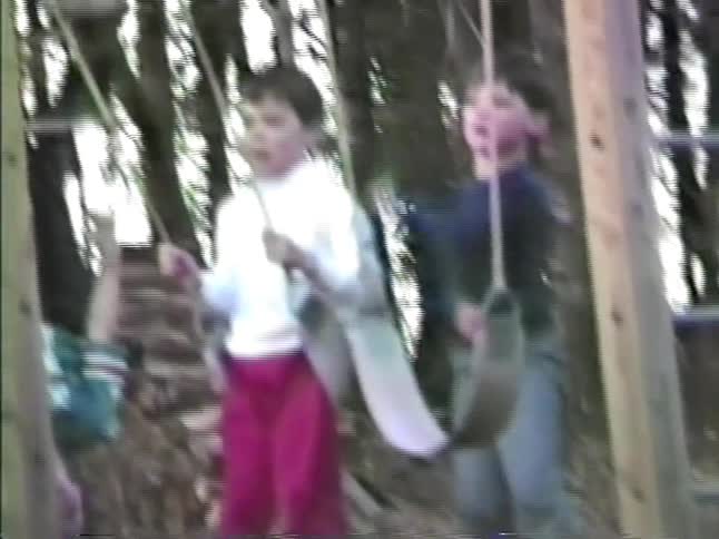 Children playing on a wooden structure in a wooded area