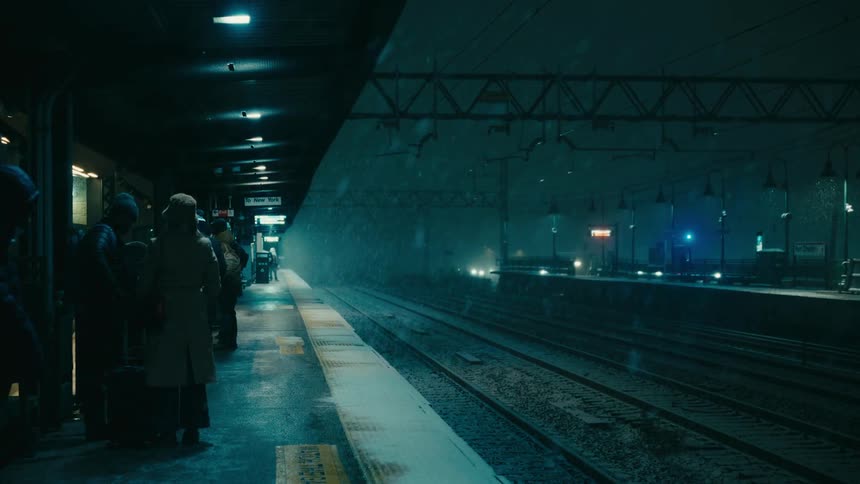 Under the cool blue glow of station lights a group of bundled commuters waits on an outdoor platform as heavy snow falls steadily while the distant headlights of an approaching train begin to flicker through the dark wintry night