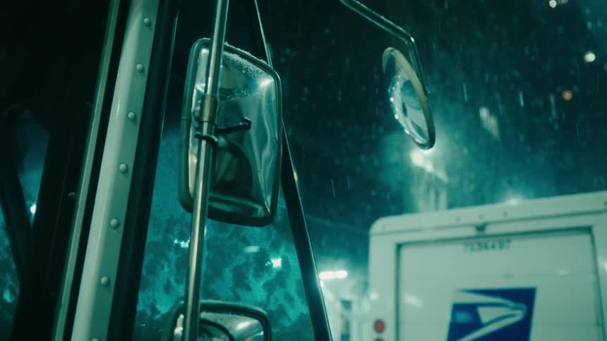 A white usps mail truck sits parked on a city street at night during a heavy rainstorm with the camera focused on the sideview mirrors as rain falls against the dark illuminated background